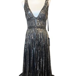 Max Duggal Stunning Black and Silver Sequin Plunge Sleeveless Gown